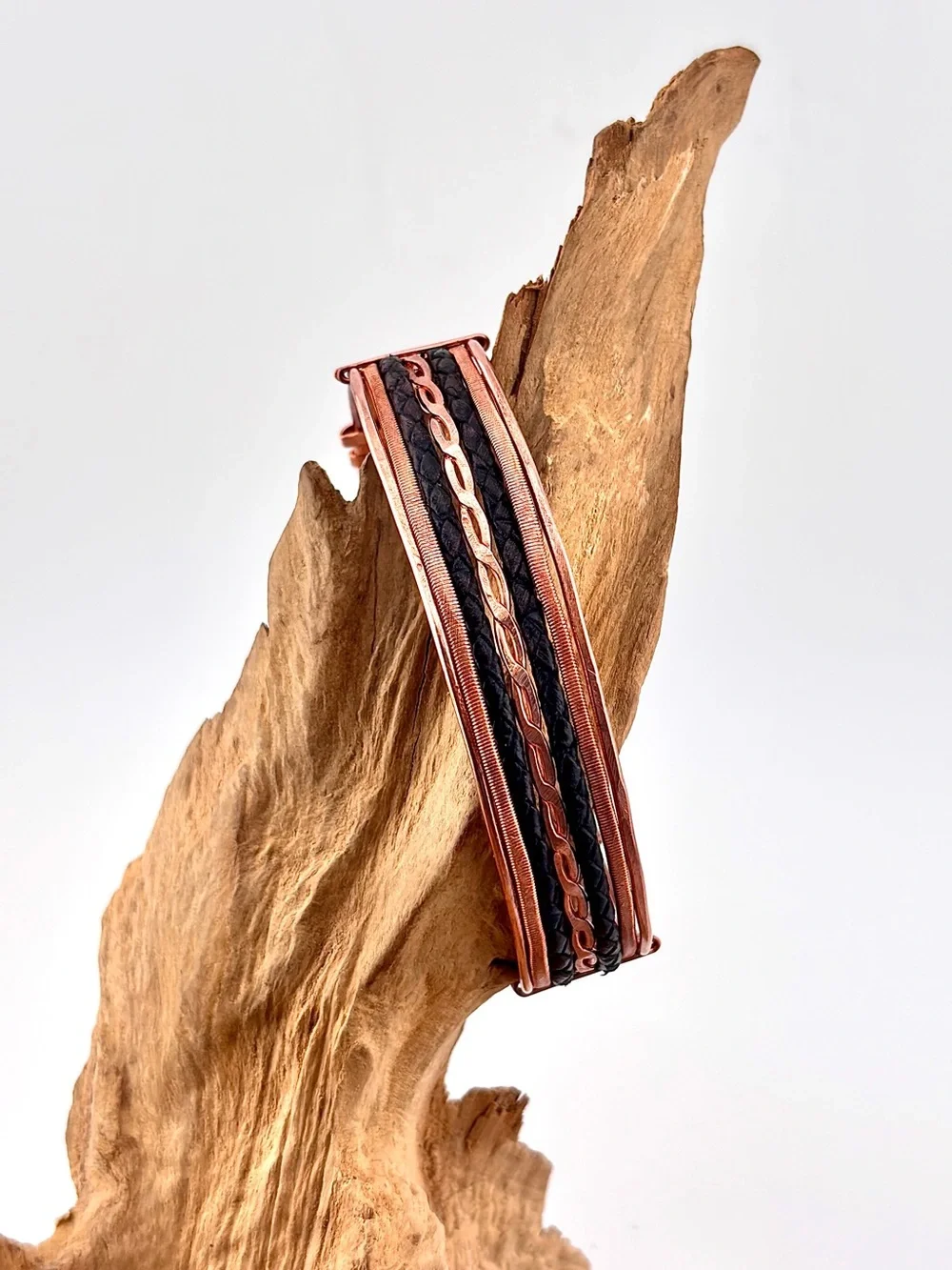 HANDMADE Faux Braided Leather and Copper Wire Wrapped Masculine Cuff Bracelet